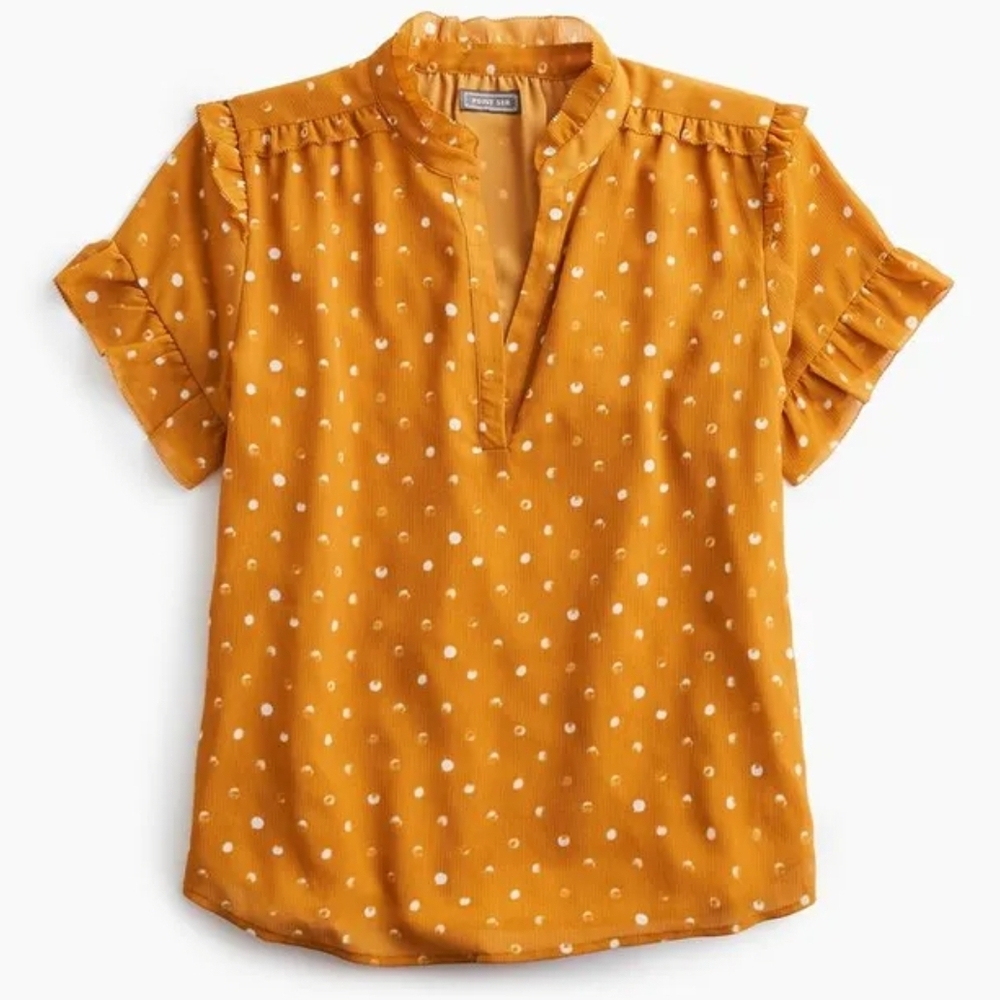 Point Sur Mustard Yellow Ruffle Sleeve Blouse White Polka Dots Size XS #K9669